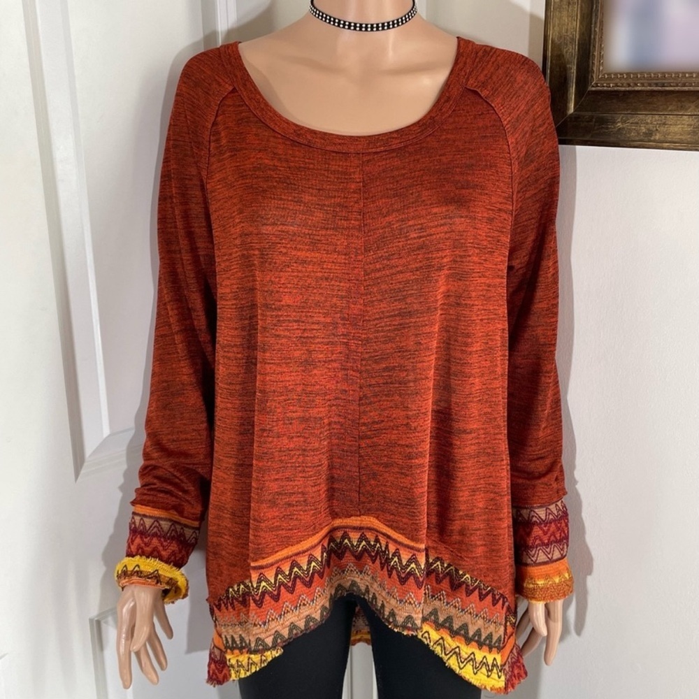 C. Oliver Red-ish Orange Sweater With Zig Zag Stitched Pattern - Large
